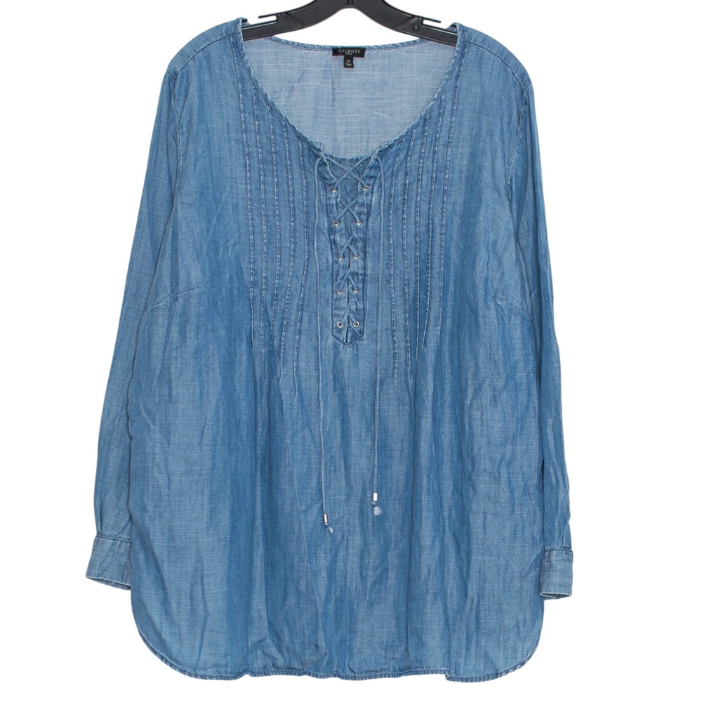 Talbots Tunic Top Chambray Lace Up Boho Long Sleeve Lightweight Plus Size 2X